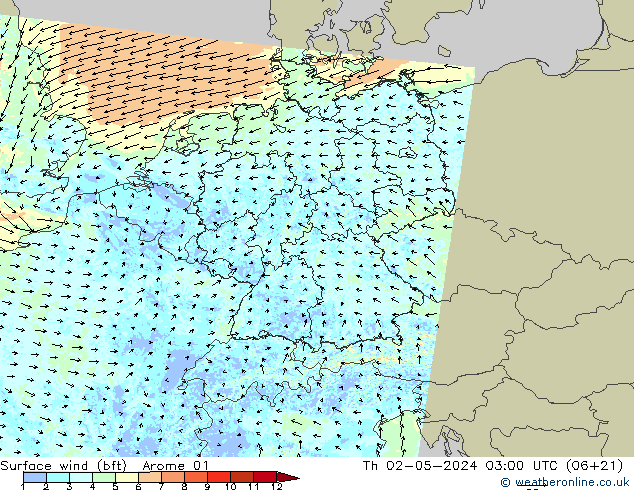 Surface wind (bft) Arome 01 Čt 02.05.2024 03 UTC