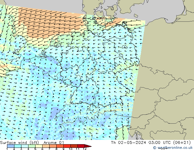 Vento 10 m (bft) Arome 01 gio 02.05.2024 03 UTC