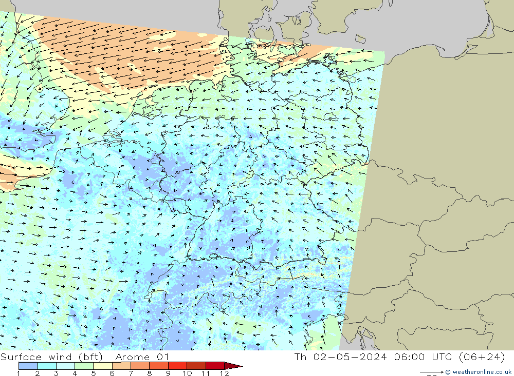 Surface wind (bft) Arome 01 Th 02.05.2024 06 UTC