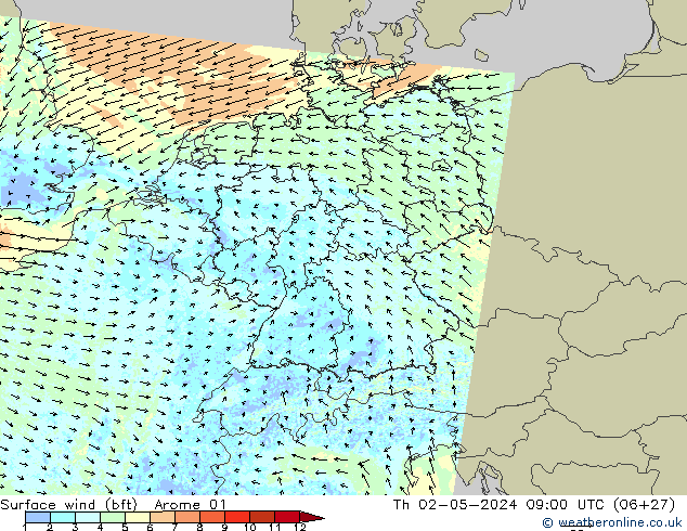 Bodenwind (bft) Arome 01 Do 02.05.2024 09 UTC