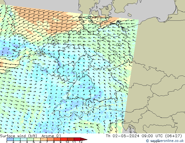 Vento 10 m (bft) Arome 01 gio 02.05.2024 09 UTC