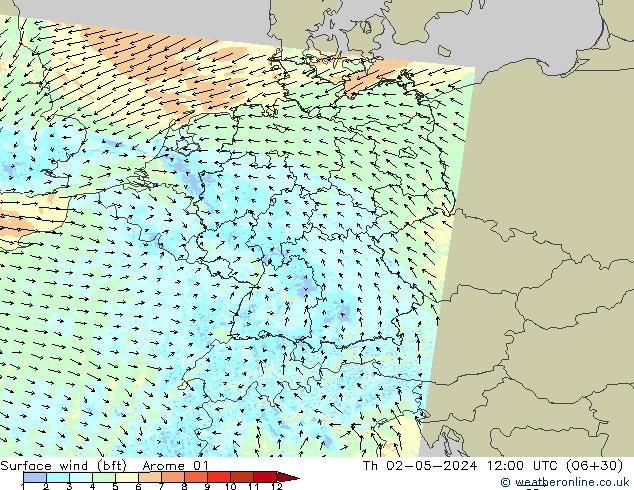 Surface wind (bft) Arome 01 Čt 02.05.2024 12 UTC