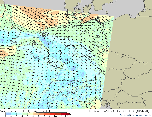 Wind 10 m (bft) Arome 01 do 02.05.2024 12 UTC