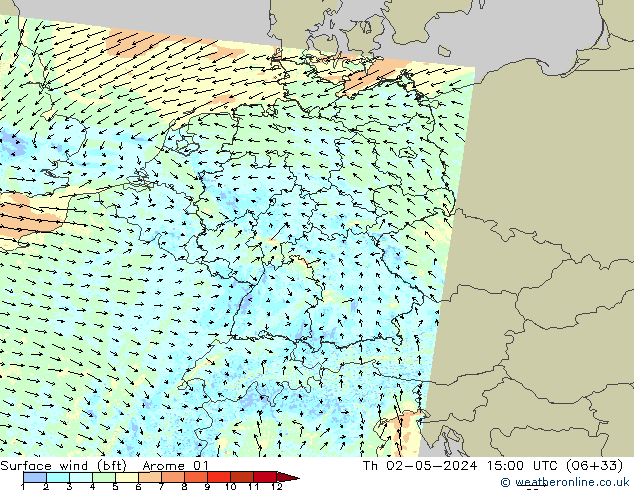 Wind 10 m (bft) Arome 01 do 02.05.2024 15 UTC