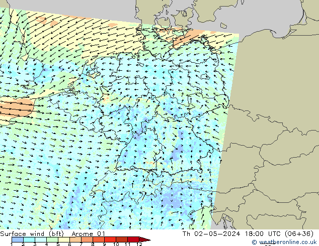 wiatr 10 m (bft) Arome 01 czw. 02.05.2024 18 UTC