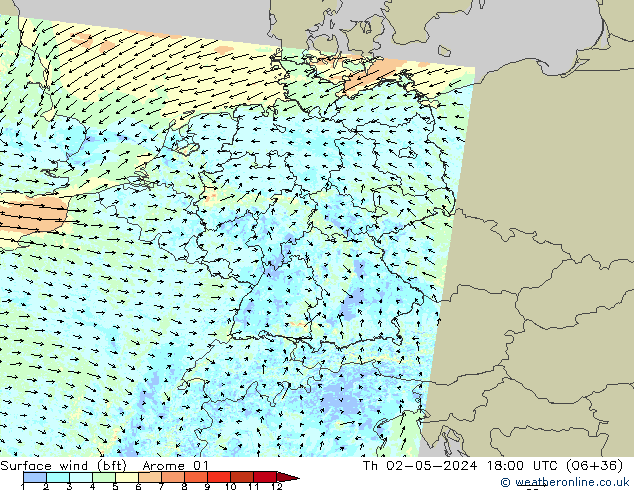 Bodenwind (bft) Arome 01 Do 02.05.2024 18 UTC