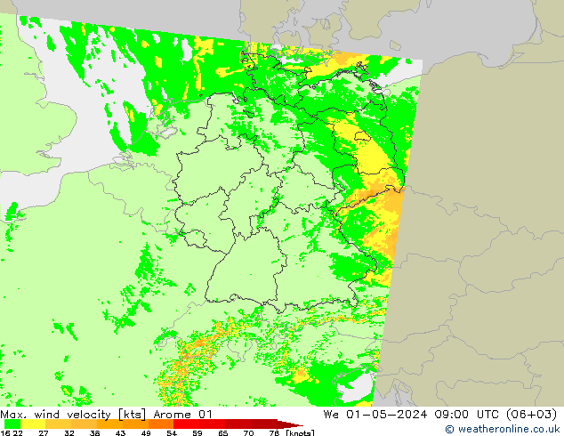 Max. wind velocity Arome 01  01.05.2024 09 UTC