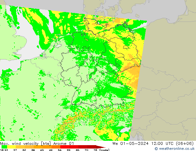 Max. wind velocity Arome 01 mer 01.05.2024 12 UTC