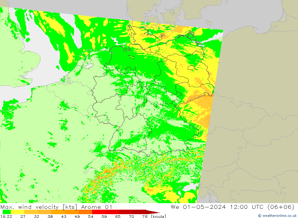 Max. wind velocity Arome 01 mer 01.05.2024 12 UTC