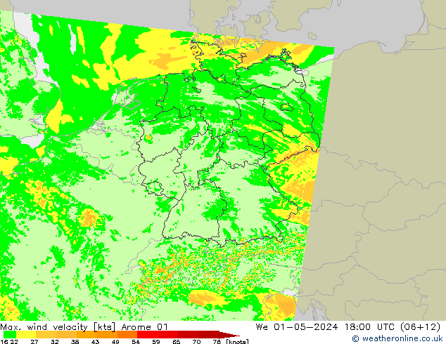 Max. wind velocity Arome 01 mer 01.05.2024 18 UTC