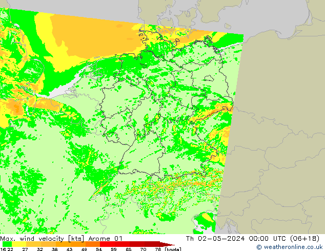 Max. wind velocity Arome 01 czw. 02.05.2024 00 UTC