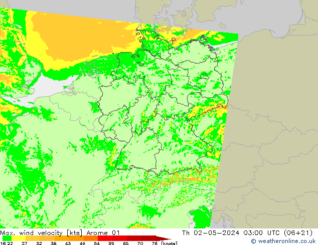 Max. wind velocity Arome 01 jue 02.05.2024 03 UTC