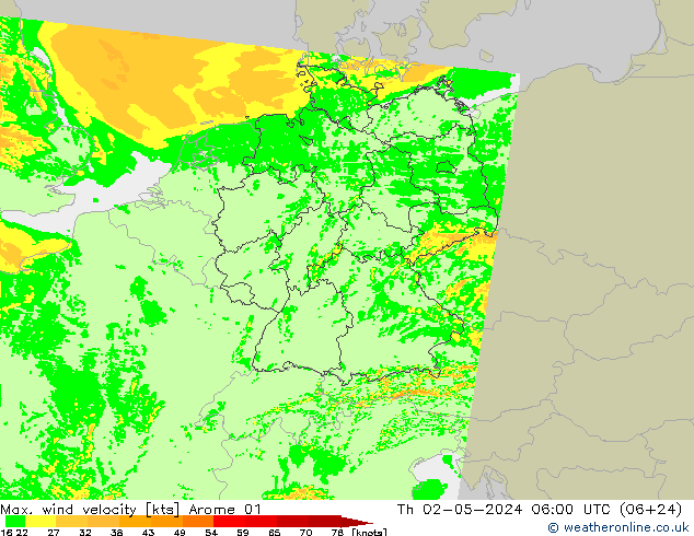 Max. wind velocity Arome 01 Th 02.05.2024 06 UTC