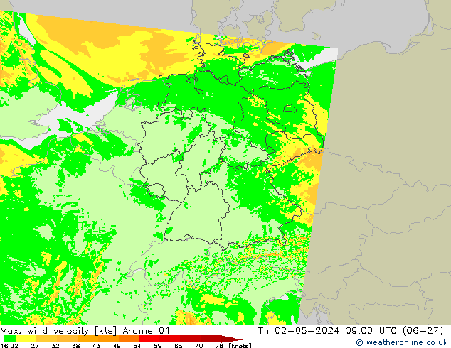 Max. wind velocity Arome 01 Qui 02.05.2024 09 UTC