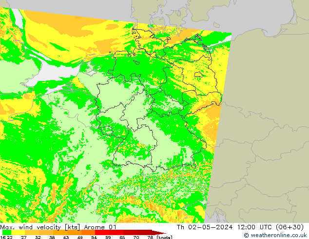 Max. wind velocity Arome 01 Qui 02.05.2024 12 UTC