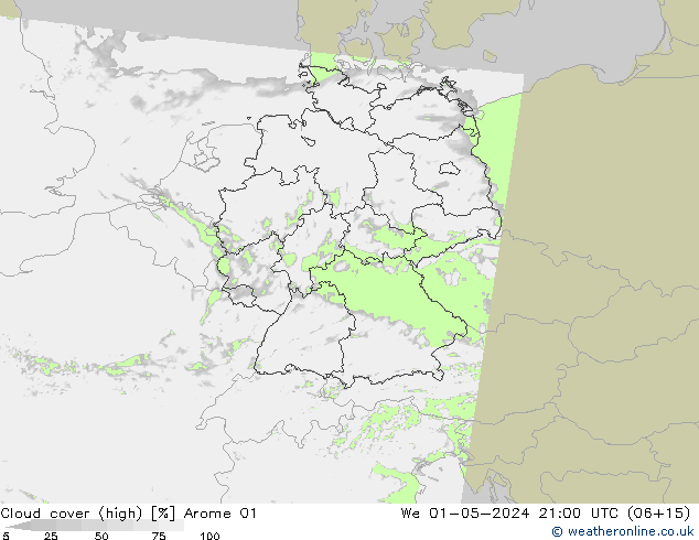 Cloud cover (high) Arome 01 We 01.05.2024 21 UTC