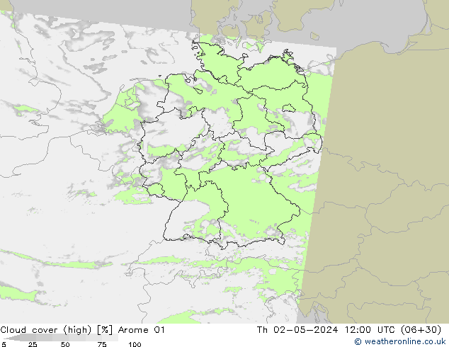 Cloud cover (high) Arome 01 Th 02.05.2024 12 UTC