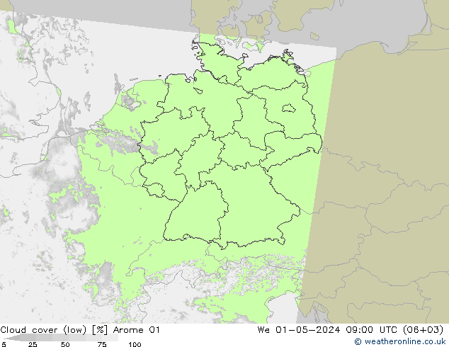 Cloud cover (low) Arome 01 We 01.05.2024 09 UTC