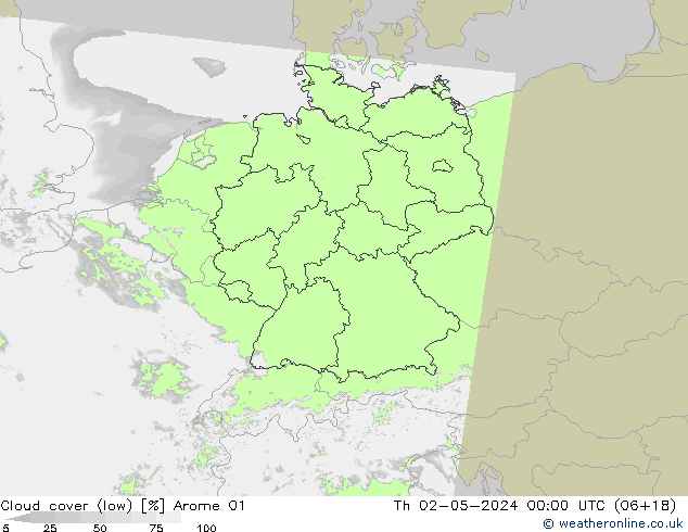 Cloud cover (low) Arome 01 Th 02.05.2024 00 UTC