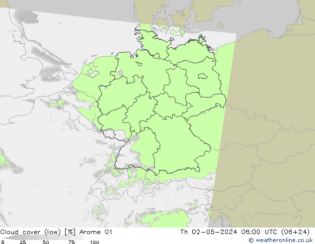 Cloud cover (low) Arome 01 Th 02.05.2024 06 UTC