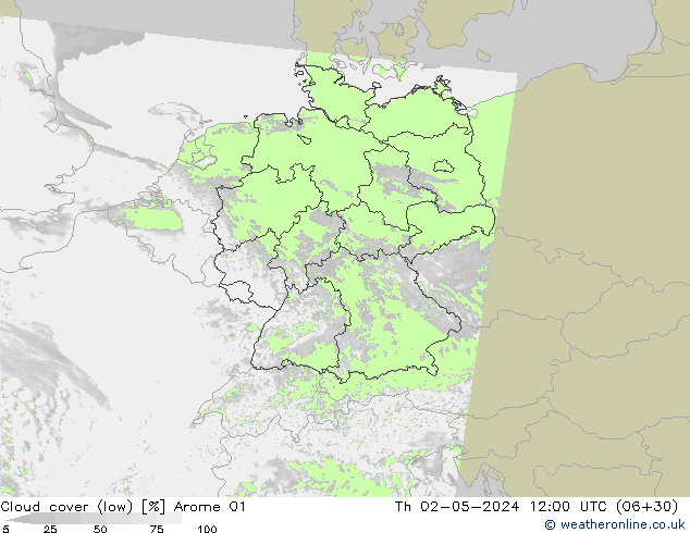 Cloud cover (low) Arome 01 Th 02.05.2024 12 UTC