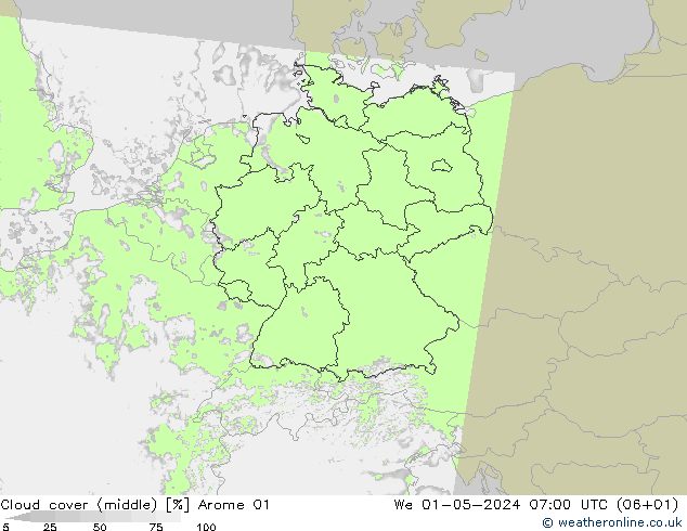 Nubi medie Arome 01 mer 01.05.2024 07 UTC