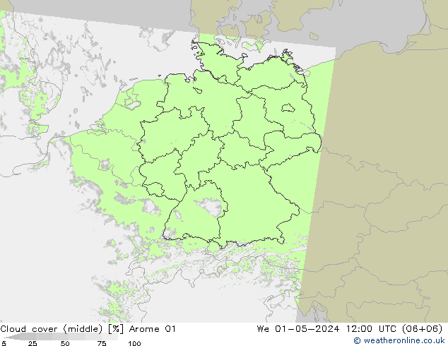 Cloud cover (middle) Arome 01 We 01.05.2024 12 UTC