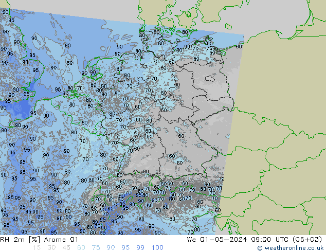 RH 2m Arome 01 We 01.05.2024 09 UTC