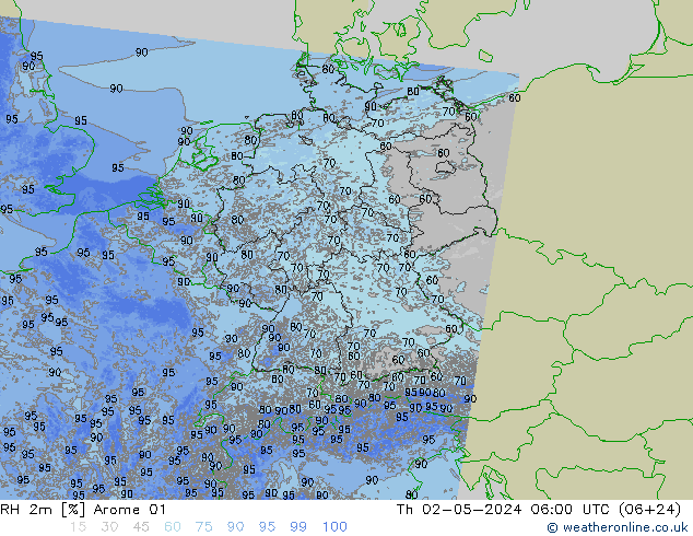 Humedad rel. 2m Arome 01 jue 02.05.2024 06 UTC