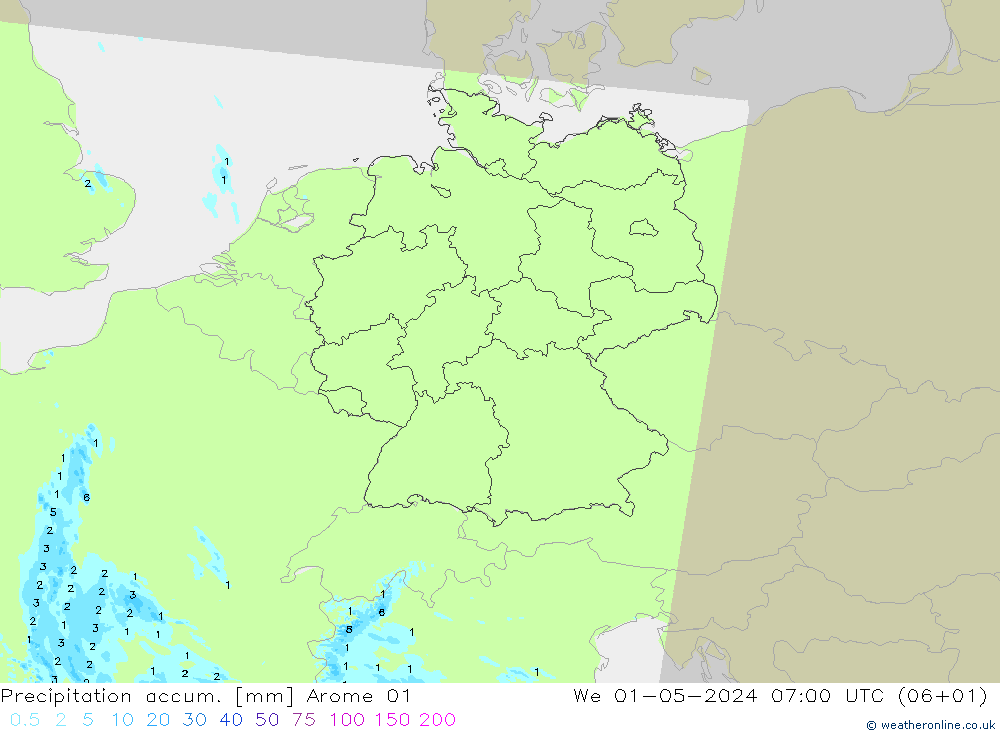 Precipitation accum. Arome 01 śro. 01.05.2024 07 UTC