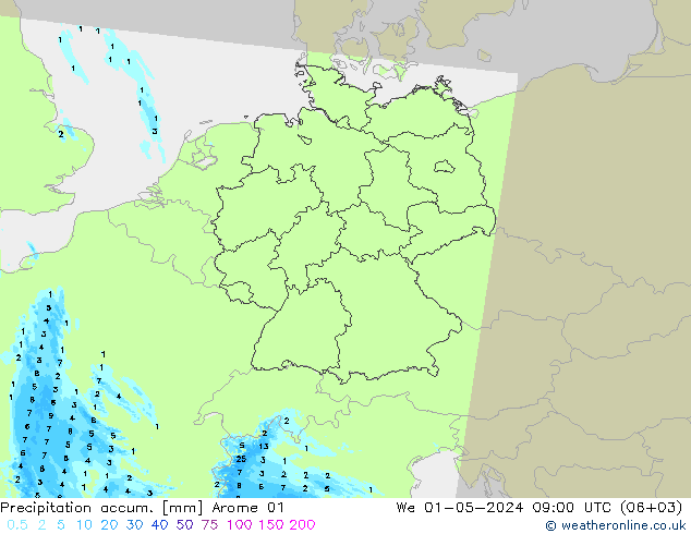 Precipitation accum. Arome 01 śro. 01.05.2024 09 UTC