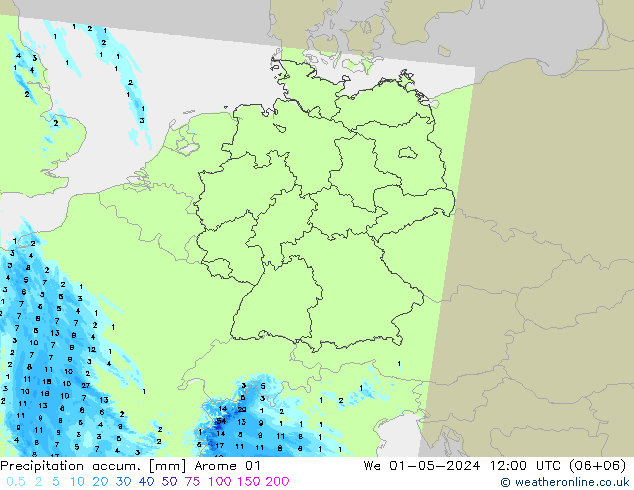 Precipitation accum. Arome 01 We 01.05.2024 12 UTC