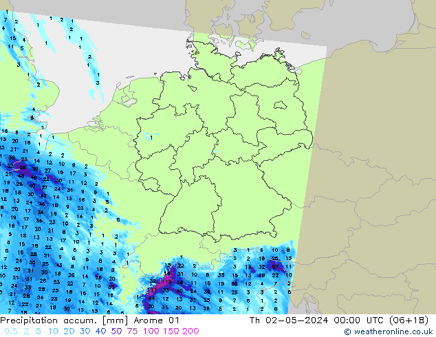 Precipitation accum. Arome 01 Th 02.05.2024 00 UTC