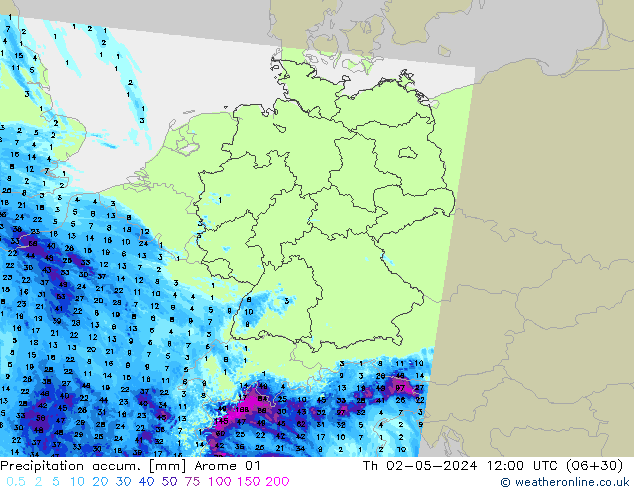 Totale neerslag Arome 01 do 02.05.2024 12 UTC