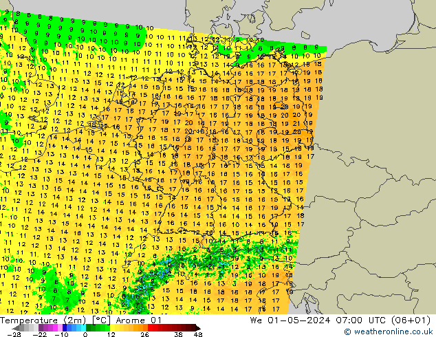 Temperature (2m) Arome 01 We 01.05.2024 07 UTC