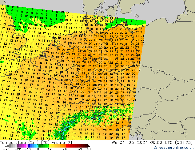 Temperatuurkaart (2m) Arome 01 wo 01.05.2024 09 UTC