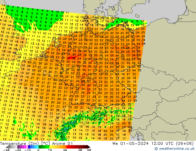 Temperaturkarte (2m) Arome 01 Mi 01.05.2024 12 UTC