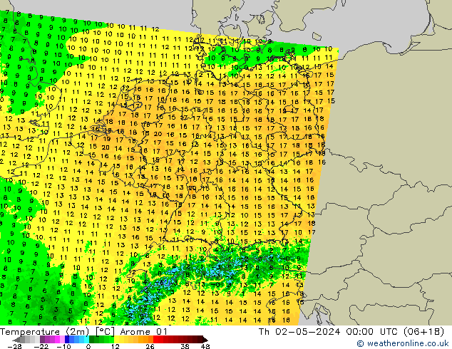 Temperature (2m) Arome 01 Th 02.05.2024 00 UTC