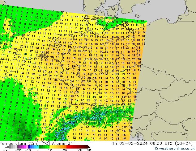 Temperature (2m) Arome 01 Th 02.05.2024 06 UTC