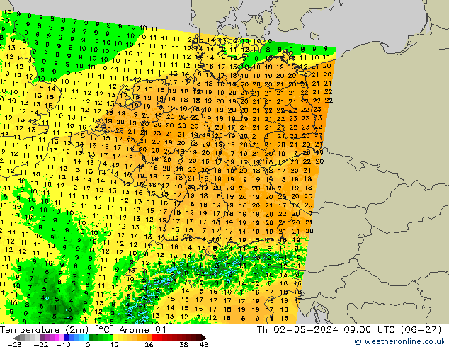 Temperatura (2m) Arome 01 gio 02.05.2024 09 UTC