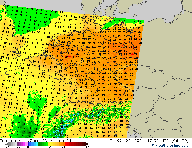 Temperatura (2m) Arome 01 gio 02.05.2024 12 UTC