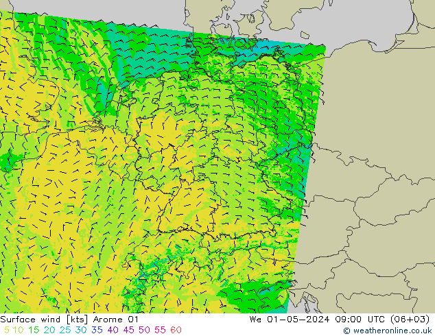 Wind 10 m Arome 01 wo 01.05.2024 09 UTC