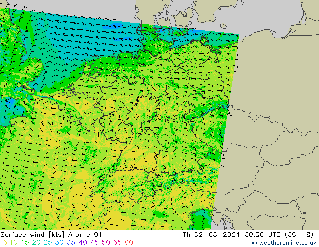 Vento 10 m Arome 01 Qui 02.05.2024 00 UTC