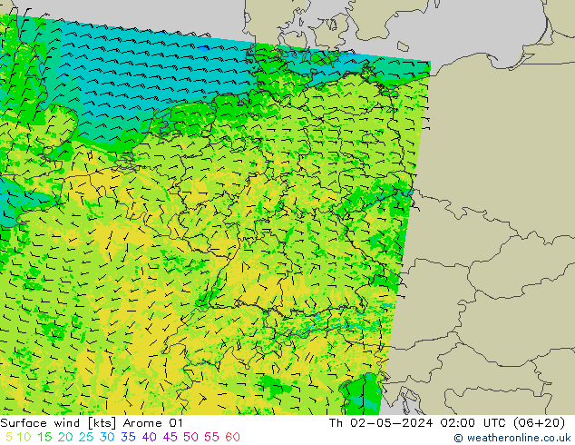 Vento 10 m Arome 01 Qui 02.05.2024 02 UTC