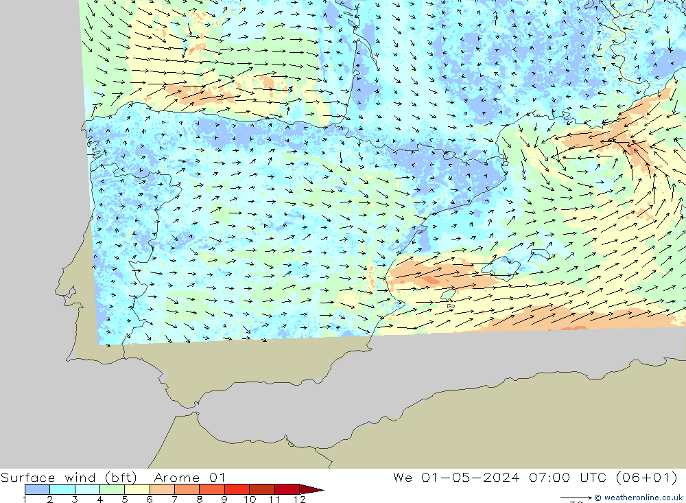 Viento 10 m (bft) Arome 01 mié 01.05.2024 07 UTC