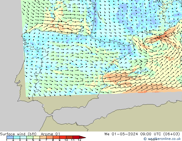 Surface wind (bft) Arome 01 We 01.05.2024 09 UTC