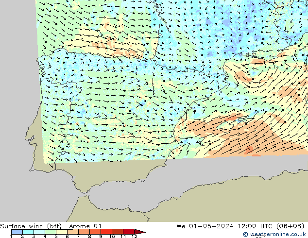 wiatr 10 m (bft) Arome 01 śro. 01.05.2024 12 UTC