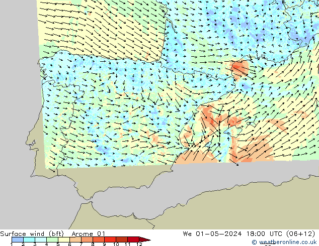 wiatr 10 m (bft) Arome 01 śro. 01.05.2024 18 UTC