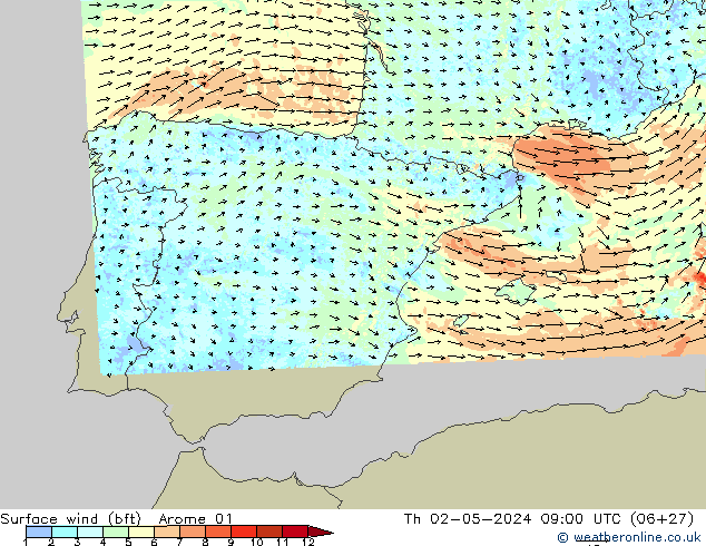 Vent 10 m (bft) Arome 01 jeu 02.05.2024 09 UTC