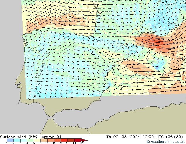 Surface wind (bft) Arome 01 Th 02.05.2024 12 UTC